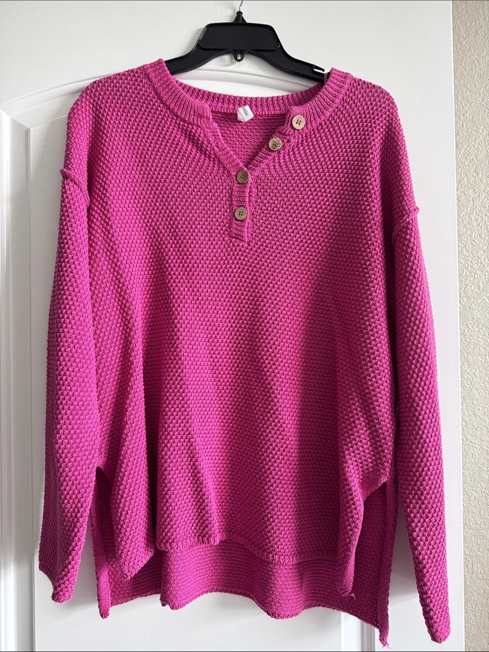 Wishlist Fuchsia Pink Button Henley Knit Sweater